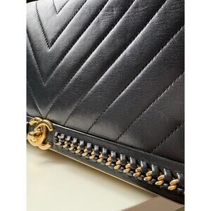 Chanel Chevron Top Handle Flap Bag - Black Calfskin with Gold Hardware